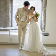 LL ぽっちゃり花嫁◎ 2Way ベージュ シフォンチュールドレス 韓国 