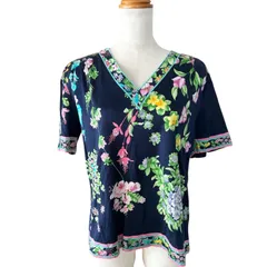 LEONARD レオナール 美品 半袖 カットソー 花柄 ネイビー Lサイズ Vネック