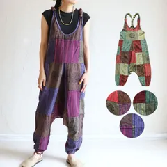 エスニック サロペット パンツ ズボン つなぎ オーバーオール レディース 綿100％ パッチワーク 総柄 ゆったり 大きめファッション ユニセックス メンズ アジアン ボヘミアン オリジナル コットン100％ ブロックプリント ナチュラル 体型カバー