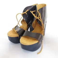 美品 JIL SANDER NAVY ジルサンダーネイビー レザー クラック加工 レースアップ サンダル サイズ37 23.5cm相当 ネイビー レディース 古着 中古 USEDのサムネイル