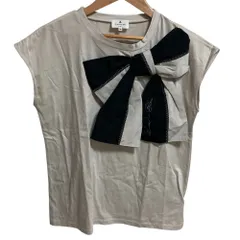 美品 LANVIN en Bleu ランバンオンブルー バイカラーリボン ノースリーブ カットソー サイズ38 グレージュ レディース 古着 中古 USED