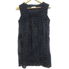 美品 INGEBORG インゲボルグ ドット柄 カメリアモチーフ ノースリーブ フリル シアーブラウス チュニック ワンピース 9号 ブラック レディース 古着 中古 USED