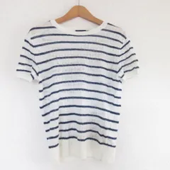 美品 POLO RALPH LAUREN ポロラルフローレン ボーダー柄 リネン100％ 半袖 クルーネック ニット カットソーM ネイビー×ホワイト レディース 古着 中古 USED