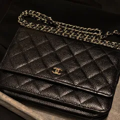 現行 CHANEL シャネル マトラッセ ココマーク チェーンウォレット  ターンロック キャビアスキン レザー ショルダーバッグ シルバー金具 ブラック ランダムプレート 送料無料