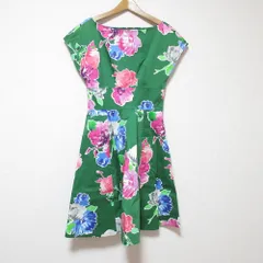 美品 kate spade ケイトスペード 半袖 フラワープリント ドレス ワンピース 2 グリーン レディース 古着 中古 USED