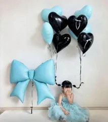 ビッグリボン型（大）風船１個＆ハート型風船６個&リボン２個 セット　誕生日飾り　パーティ　パープル　バレエコア