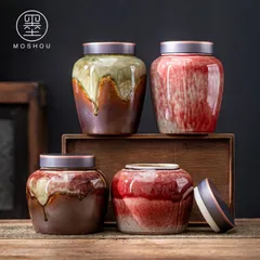 【新品未使用】アンティーク茶筒、陶器製ジャー、粗陶器製密閉瓶（釉薬付き）、茶保存瓶