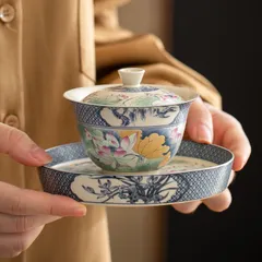 【新品・未使用】中国風陶蓮三才蓋碗、陶器製高級、家庭用オフィス用カンフーティーセット、ティーボウル、ティーカップ