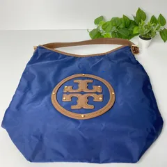 トリーバーチ ナイロン トートバッグ ネイビー×ブラウン ロゴ金具 レディース ハンドバッグ Tory Burch