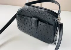 ★美品 オーストリッチ 本革 ショルダーバッグ ハンドバッグ 2way 黒 ブラック 斜め掛け レザー レディース 中古品 ■管理2M163