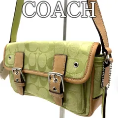 【レアカラー】コーチ COACH シグネチャー キャンバス ミニショルダーバッグ グリーン レザー切替 ベルトデザイン コンパクトサイズ Y2K テイスト クロスボディ 斜め掛け レディース