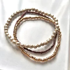 gb76. ブロンズ ゴールド ウッドパールとガラスビーズのブレスレット 3本セット 伸縮性あり