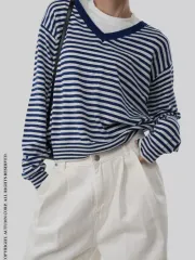 ストライプ Vネック ニット FREE (ブルー)