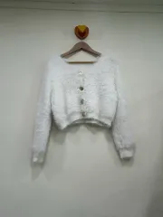 白 クロップド ファー カーディガン