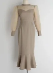 タグ付き未使用品 DHOLIC シアーリボンマーメイドワンピース M ベージュ