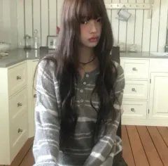 Uネック アルパカウール/華奢フィット 2WAY ボーダー柄 ボタン アルパカ ウール ニット