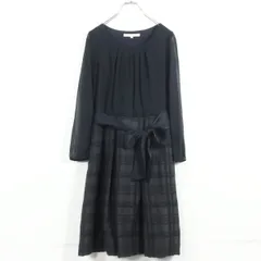 ナチュラルビューティー★透け感美しいシフォンとツイード調チェック♪ 異素材ドッキングワンピース オケージョンに◎ サイズ38 紺系 z17340