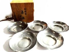 Genuine tin tea bowl, 5 guests, artist unknown ■ Wooden box, same box, front tea utensils, tea utensils, tin ware, tea utensils, 5 guests, antique art □ 8A