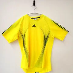 古着　adidas アディダス　CLIMA365 メンズロゴTシャツ　イエロー系　黄色　スポーツTシャツ　サッカーTシャツ　S～M相当