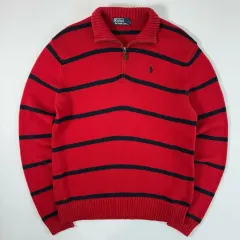 POLO ポロ ラルフローレン 刺繍 コットン レッド ストライプ ハーフジップ ニット