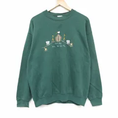 L/古着 長袖 スウェット メンズ 90年代 90s 船 刺繍 クルーネック USA製 緑 25dec05