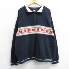 L/古着 トミーヒルフィガー 長袖 ブランド ハーフジップ フリース ジャケット メンズ 90年代 90s 雪柄 紺他 25dec05