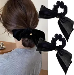 40Bandit シュシュ リボン 大きめ ベロア 大人 ヘアアクセ ヘアゴム 2個セット (ブラック)