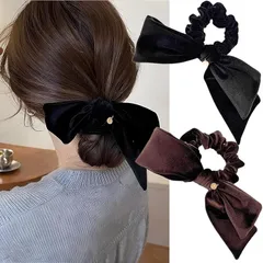 40Bandit シュシュ リボン 大きめ ベロア 大人 ヘアアクセ ヘアゴム 2個セット (ブラック，ブラウン)