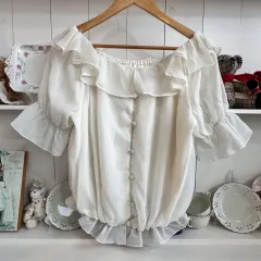 シフォン フリル ブラウス 白 パフ 半袖