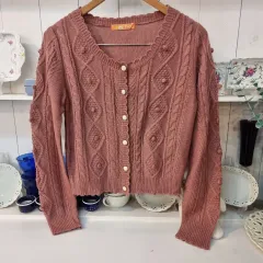 ヴィンテージ ケーブル編み ポップコーンスリーブ ニット カーディガン