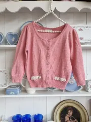 Prime Pattern ピンク レース ローズボタン 7分丈 カーディガン