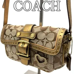 コーチ COACH ミニショルダーバッグ シグネチャーキャンバス ハートモチーフ ゴールドレザー切替 コンパクトサイズ 斜め掛け対応 クロスボディ アクセサリー感覚 Y2K