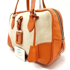 【良品】PRADA プラダ ハンドバッグ  トートバッグ ボストンバッグ ボーリングバッグ カデナ 南京錠 キャンバス オレンジ 橙色 レザー 革 三角プレート ユニセックス 男女兼用 メンズ レディースのサムネイル