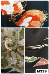 【まとめ売り】リメイク用　黒留袖　3点　正絹　扇　鳥　山　着物　和装　M329