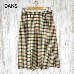 DAKS ダックス 定番チェック 総柄 リネン ミモレ丈 プリーツスカート フレア ベージュ
