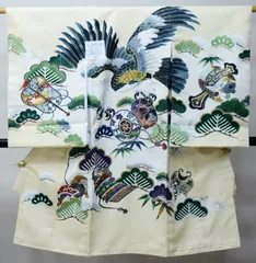 お宮参り 産着 男児 男の子 のしめ 豪華絢爛 合繊 金刺繍 綸子地 アイボリー 鷹 鼓 祝着 一つ身 初着 掛け着 NO42844-2
