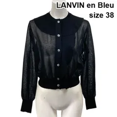 ◇ 未使用 ランバンオンブルー LANVIN en Bleu ショート丈 ニットカーディガン フリル シアー素材 透け感 黒 38 M ９号 レディース S6A356