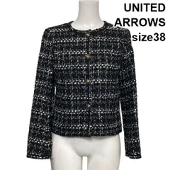 ◇ ユナイテッドアローズ UNITED ARROWS ノーカラージャケット 長袖 ミックスツイード 装飾ボタン 黒 毛混 38 M 9号 レディース S6A345