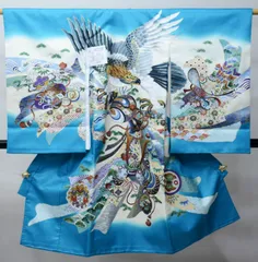 お宮参り 産着 男児 男の子 のしめ 豪華絢爛 合繊 金刺繍 綸子地 ターコイズブルー 祝着 一つ身 初着 掛け着 NO42836-2