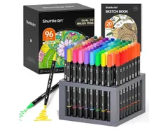 Shuttle Art 筆ペン 水彩毛筆 96色セット 塗り絵1冊付き マーカー 水彩 ツインマーカー 水性 ブラシペン 細字ペン 耐水 速乾 イラスト スケッチ 落書き コミック 絵手紙 カード 漫画 宿題 アート専門 子供 ケース付き
