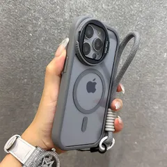 iphone15 スマホケース 『グレー』 MagSafe レンズカバースタンド付