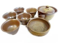 15 備前焼 在銘 竹山 前茶器 7点揃い 宝瓶 急須 湯冷まし 茶盃 湯呑 前茶道具 ■ 木箱 酒杯 共箱 酒器 日本酒 盃 古美術品 □ ８A