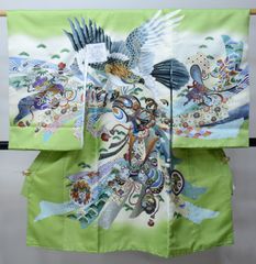お宮参り 産着 のしめ 男児 正絹 綸子 金刺繍 祝着 鷹 緑地×黄色