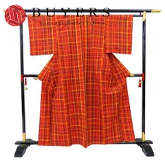 【中古】 小紋 単衣 ウール レッド イエロー グリーン 格子チェック柄 バチ襟 カジュアル 和装 呉服 和服 きもの レディース 女性