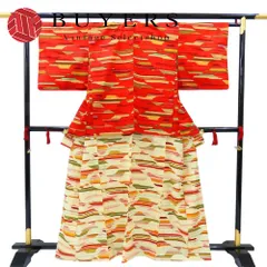 【中古】 着物セット アンサンブル ウール レッド クリーム マルチカラー バチ襟 和装 呉服 和服 きもの レディース 女性