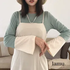 【lamu.】Soft Contrast Flare Rib Top / 配色フレアスリーブ リブトップス グリーン | 配色トップス リブトップス フレアスリーブ 大人カジュアル きれいめ 春コーデ レイヤードスタイル シンプルコーデ デイリーウェア