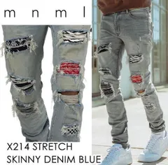 mnml X214 多柄クラッシュダメージストレッチスキニーデニムパンツ 【28〜38】