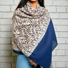 カシミヤショール シルク刺繍 大判 手刺繍 一点物 ハンドメイド 軽量 なめらか ネイビー 伝統工芸 軽やか 上質 職人 草花 優美 格調 立体感 唯一無二 羽織り アレンジ 大人 華やぎ 手仕事 特別  レディース 高級 フォーマル ギフト 落ち着き 気品