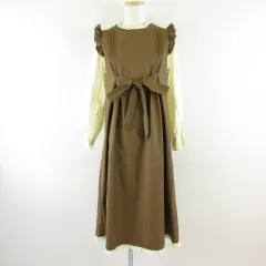 JY ワンピース ミディ丈 長袖 フリル リボン 茶 アイボリー L *T591