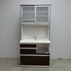 大川家具 入江木工 89cm幅キッチンボード 食器棚 艶あり木目調ブラック